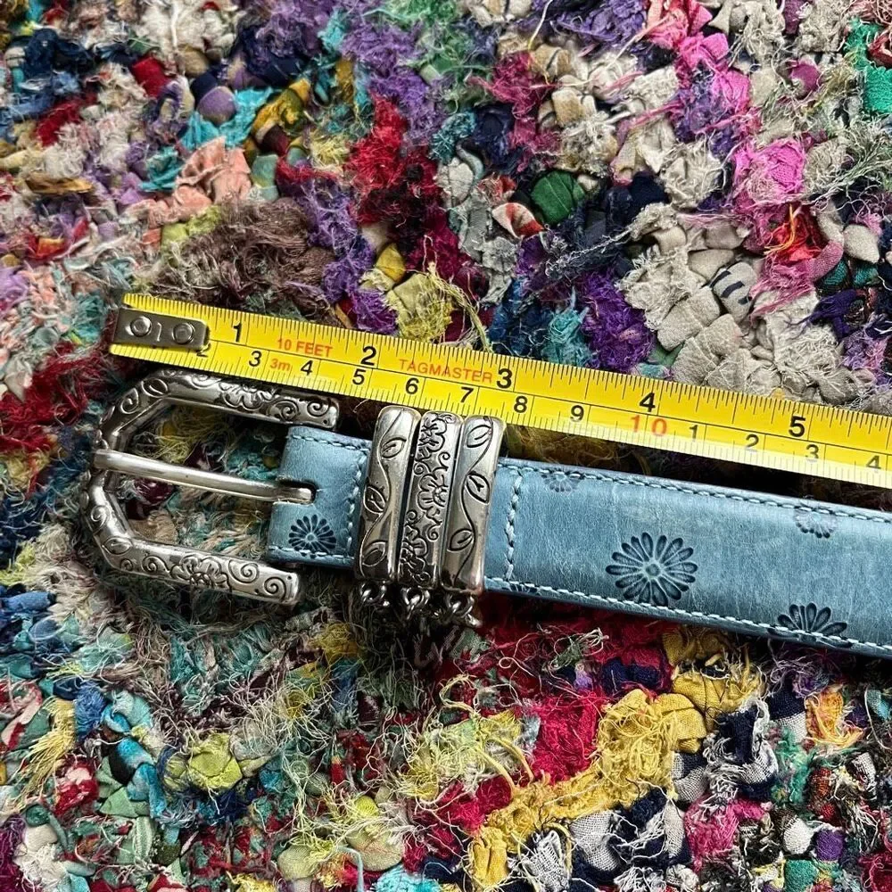 Brighton Blue Floral Tooled Leather Belt Charm Western Boho Y2K ML 32